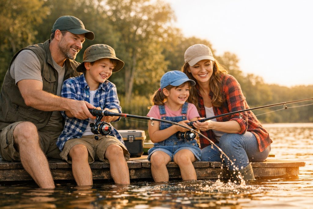 A family of four fishing from a dock. And the boy has a fish on the line.