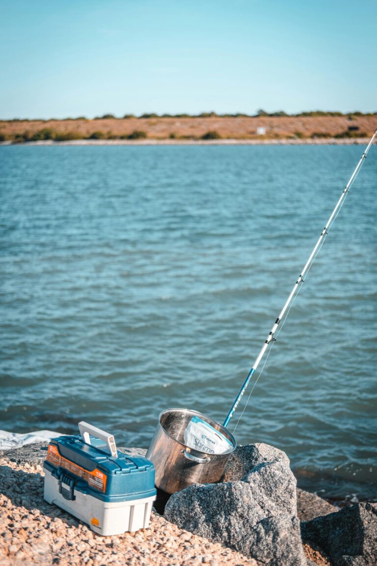 Fishing rod and tackle box on a rocky shore by a serene lake under a clear blue sky.
