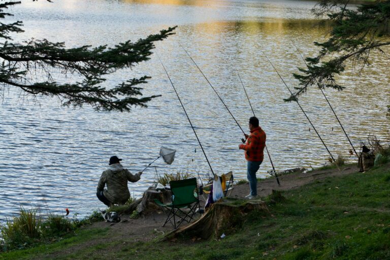 Two people fishing by a tranquil lakeside surrounded by nature.