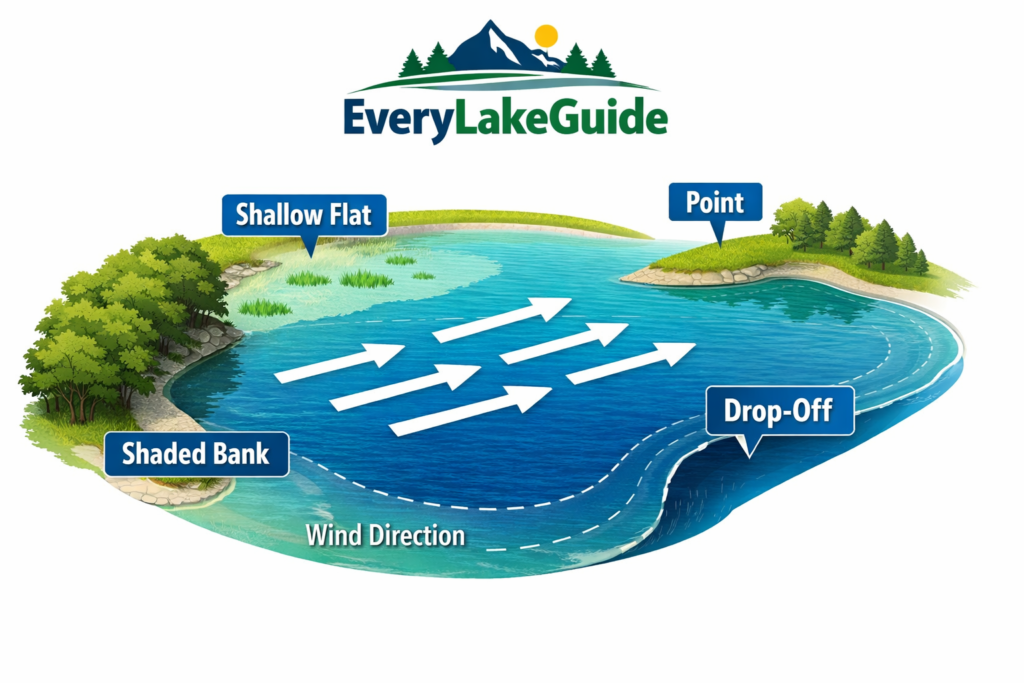 Diagram showing wind-blown bank, shade, point, and drop-off on a small lake