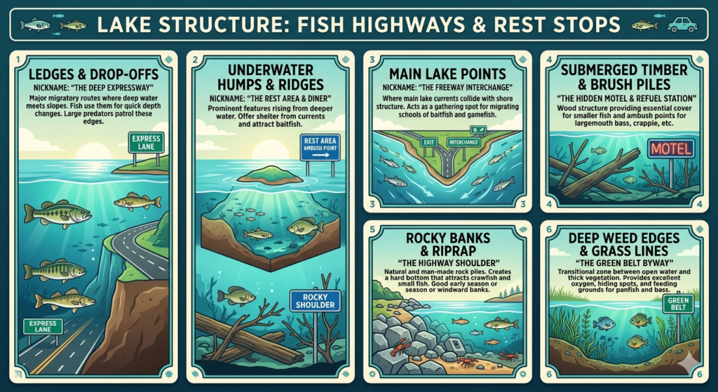 Shore-fishing diagram showing a cove, shallow flat, shoreline cover, and drop-off