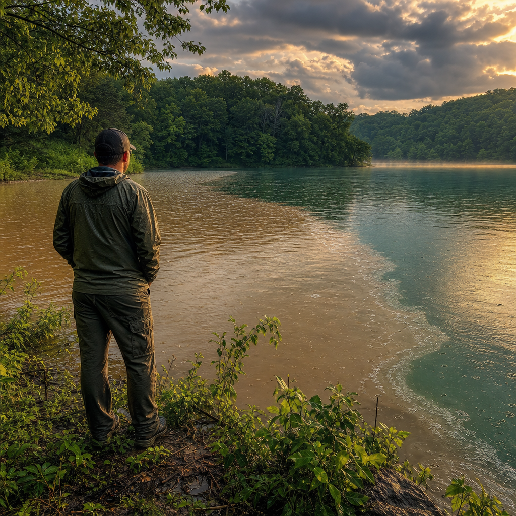 the post‑rain Kentucky lake, the stained-water plume, the wet shoreline vegetation, the clearing clouds, and that warm evening light