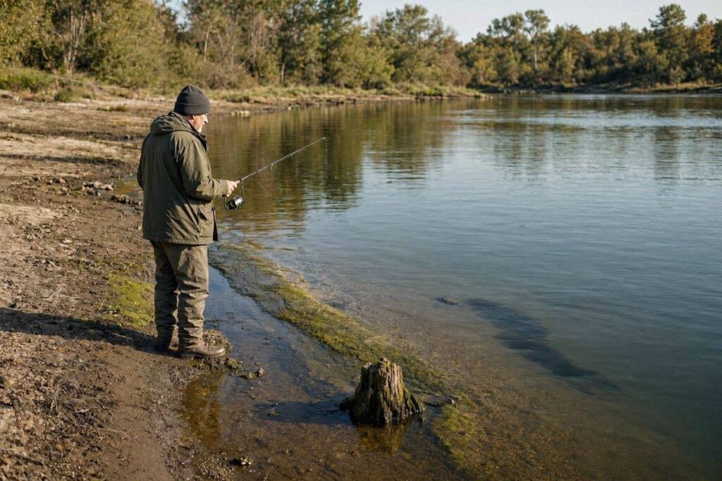 Kentucky bank angler studying newly exposed shoreline and a lower summer waterline before choosing where to cast.