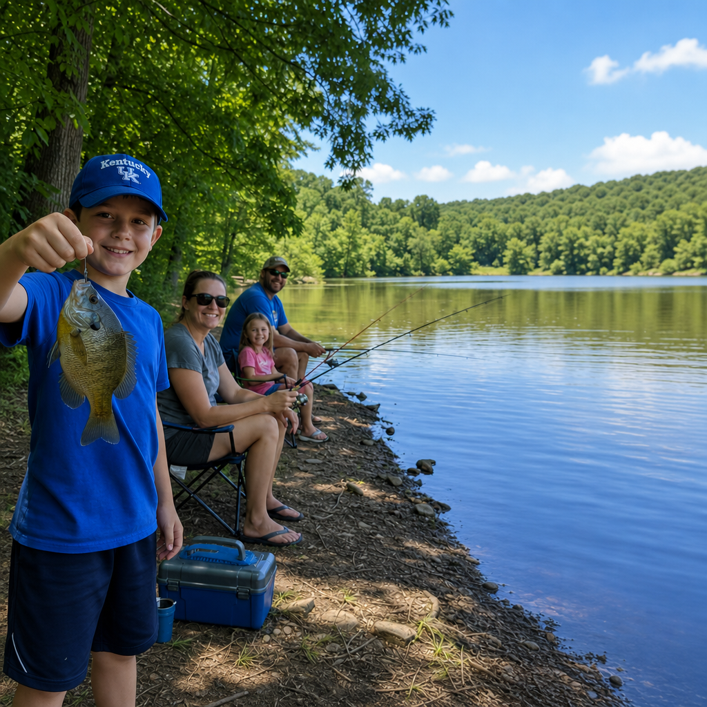 Kentucky family bank fishing beside a shaded lake as a child holds up a bluegill