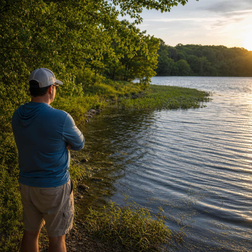 Man standing on a rocky lakeshore at sunset, wearing a blue hoodie and beige shorts, gazing at the water beneath overhanging trees.