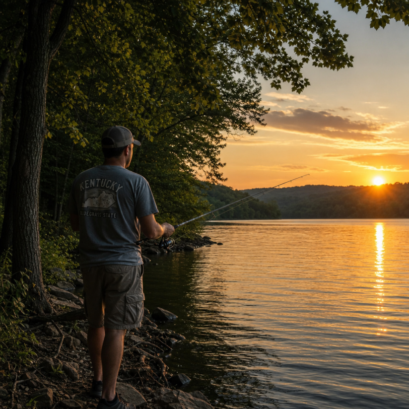 Man standing on a rocky lakeshore at sunset, fishing rod in hand as the orange sun reflects on calm water.