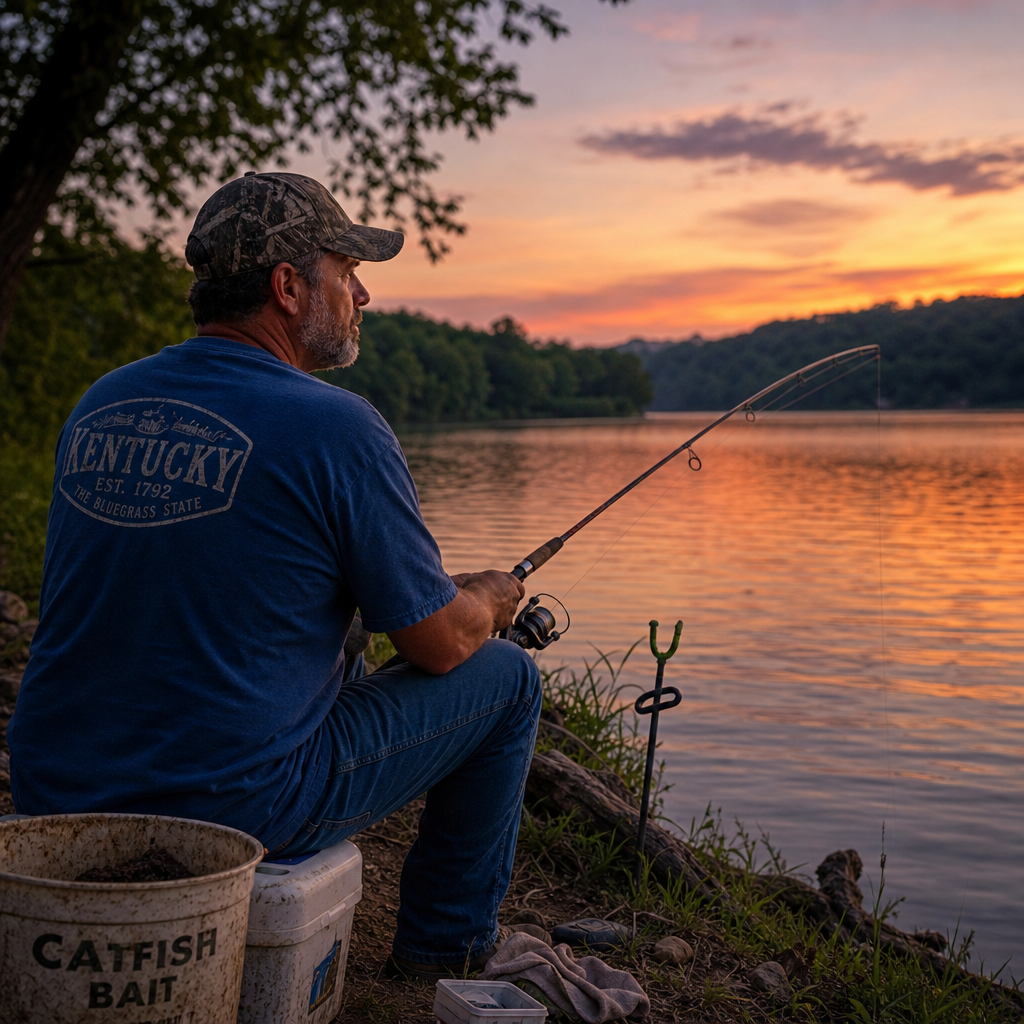 Kentucky bank angler fishing for channel catfish beside a quiet summer lake at dusk - EVERY LAKE GUIDE Kentucky bank angler fishing for channel catfish beside a quiet summer catfish from the bank