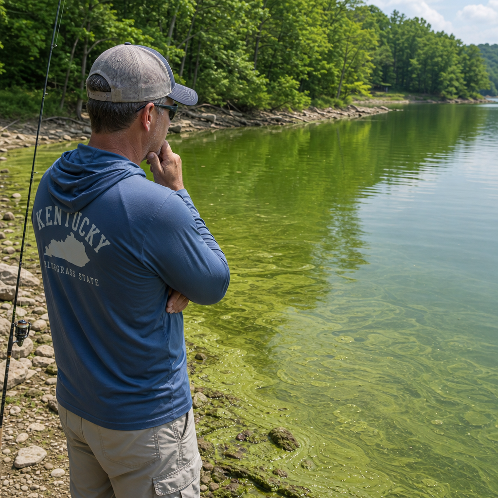 Kentucky bank angler observing green summer lake water and shoreline algae before deciding whether it is safe to fish.