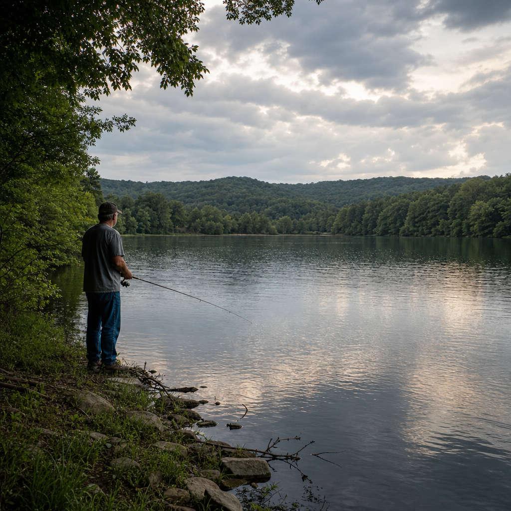 Kentucky summer lake - EVERY LAKE GUIDE Kentucky bank angler standing beside a quiet summer lake and deciding whether to adjust, move, or end the fishing trip.