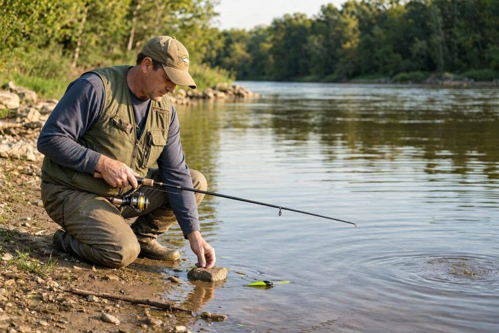 Kentucky bank angler marking the shoreline location of a first bite before repeating the cast