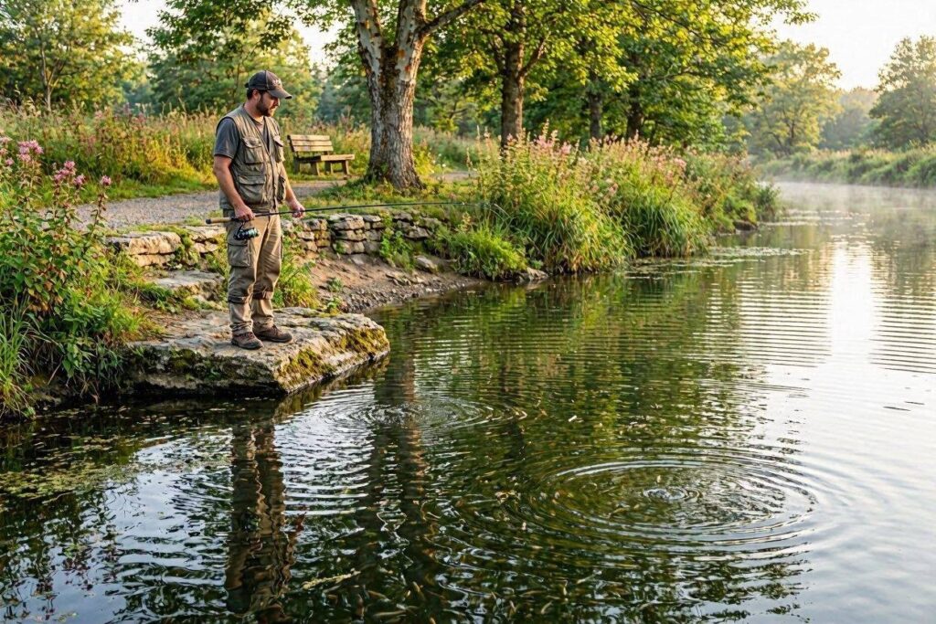 Kentucky bank angler watching rings, baitfish flickers, and surface movement before making the first cast.