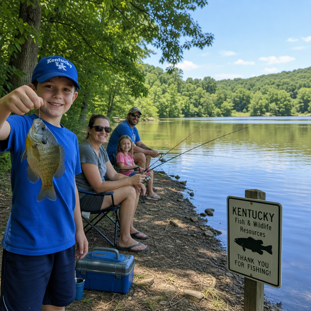 beginner family-friendly Kentucky bank-fishing scene with a bluegill, shaded shoreline, and calm summer water.