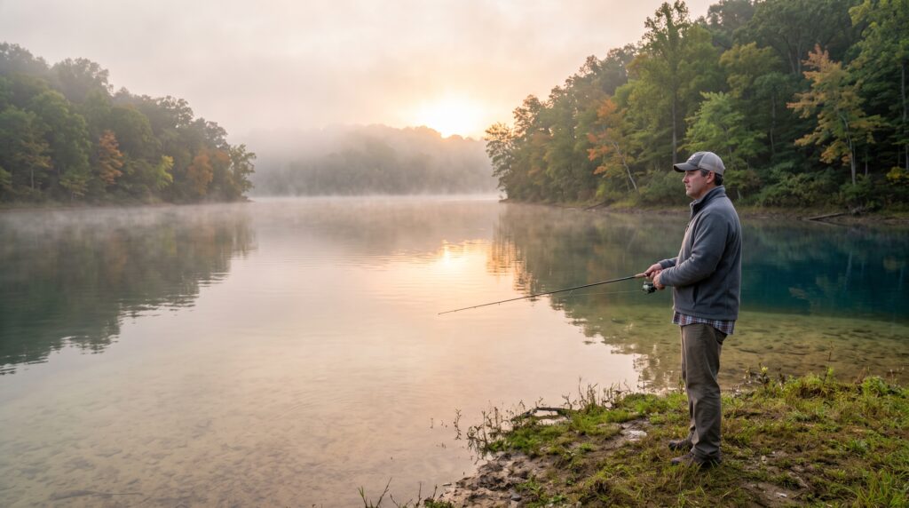 A Kentucky bank angler at dawn in late summer standing back from a misty shoreline and comparing a shallow flat with a nearby darker drop-off - EVERY LAKE GUIDE Kentucky bank angler comparing shallow water with a nearby drop-off on a cool late-summer morning