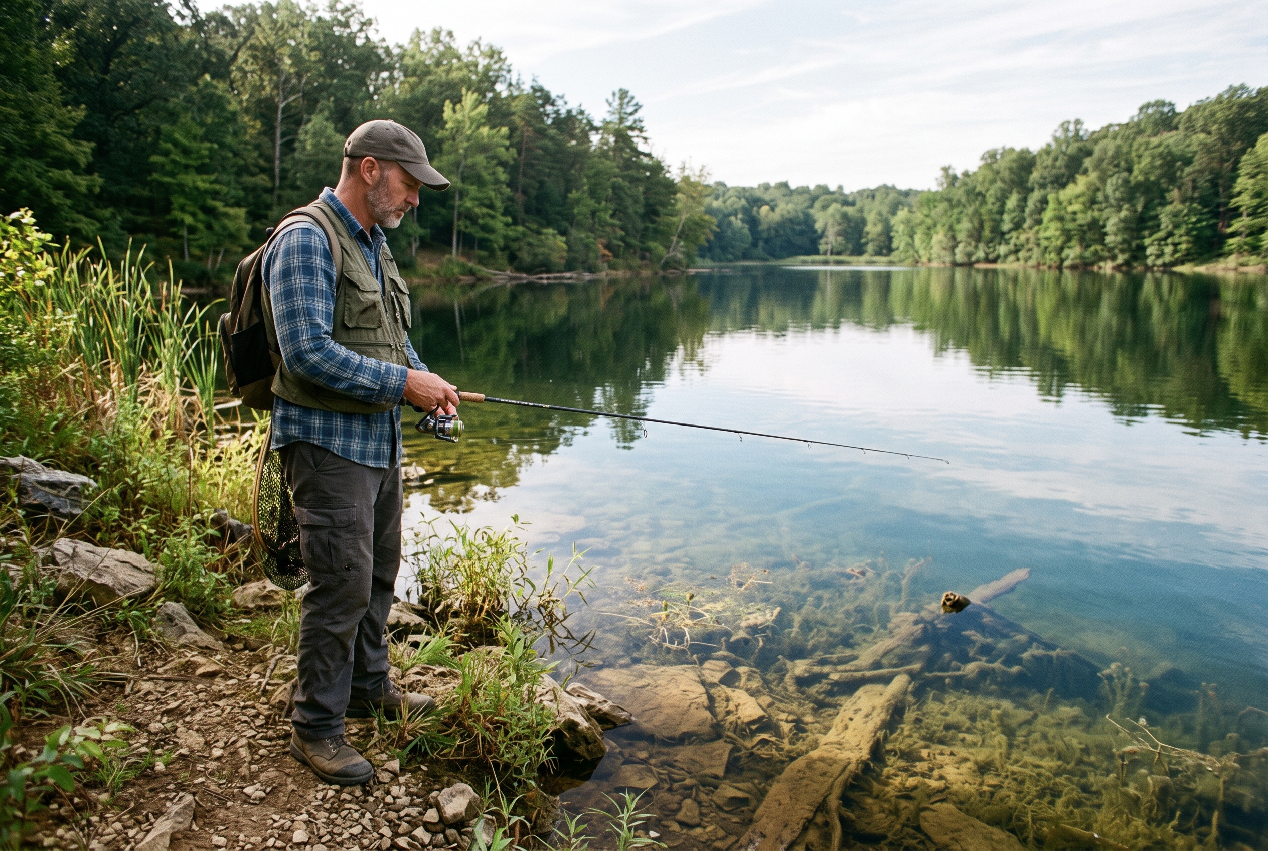Kentucky bank angler stopping back from a clear shoreline to compare shade, cover, and a nearby drop-off before casting