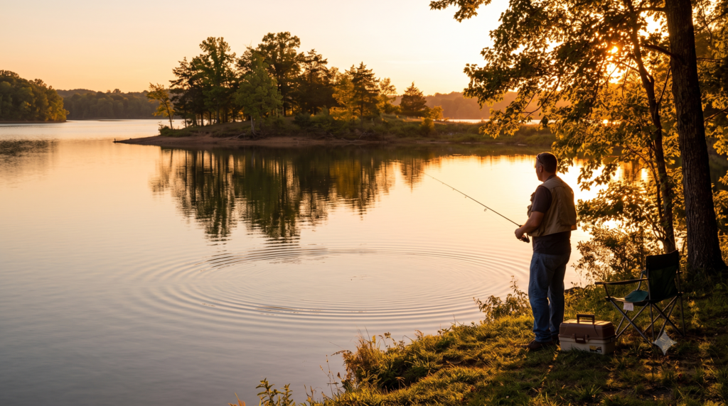 Kentucky bank angler studying a calm lake after the wind stops during an evening fishing trip