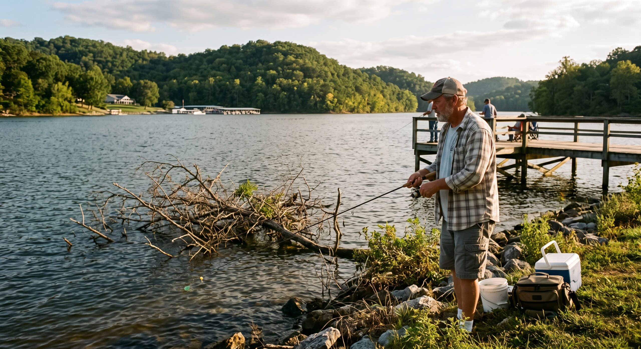 Kentucky bank angler targeting late-summer crappie beside a fishing pier and deeper brush