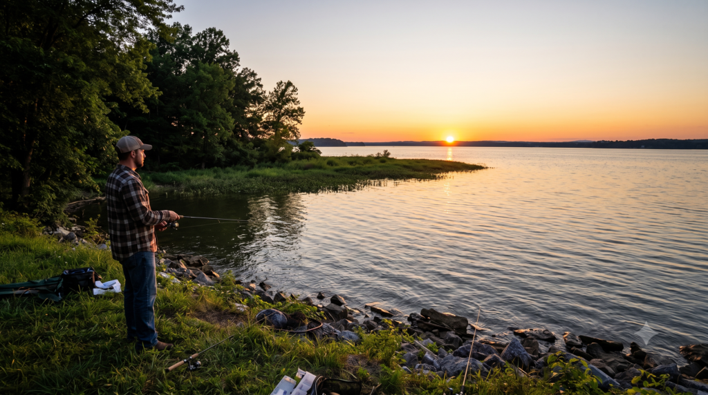 Kentucky bank angler watching expanding evening shade reach a point and weed edge before sunset in August.