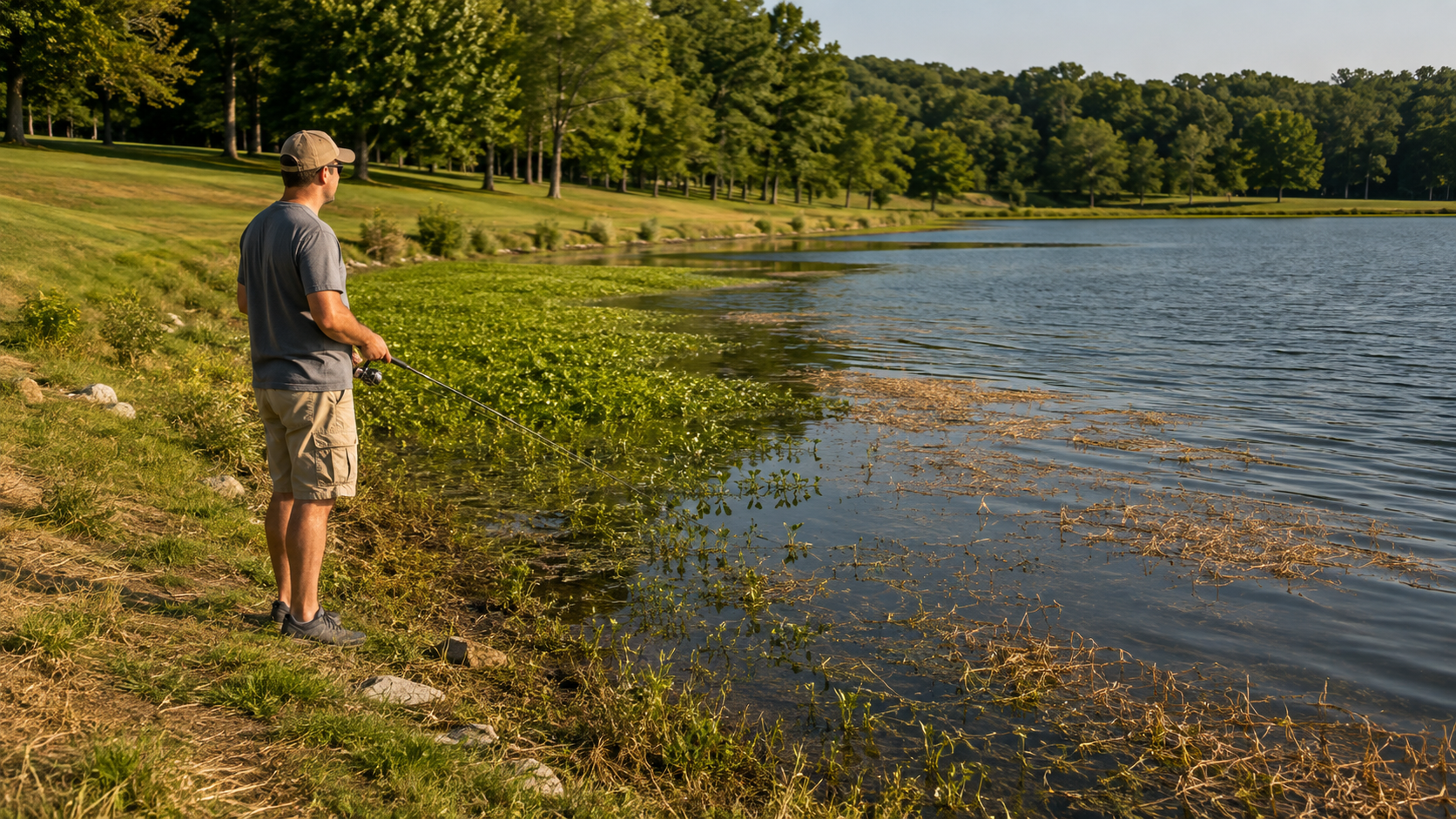 Kentucky bank angler comparing healthy green weeds with brown late-summer vegetation beside open water