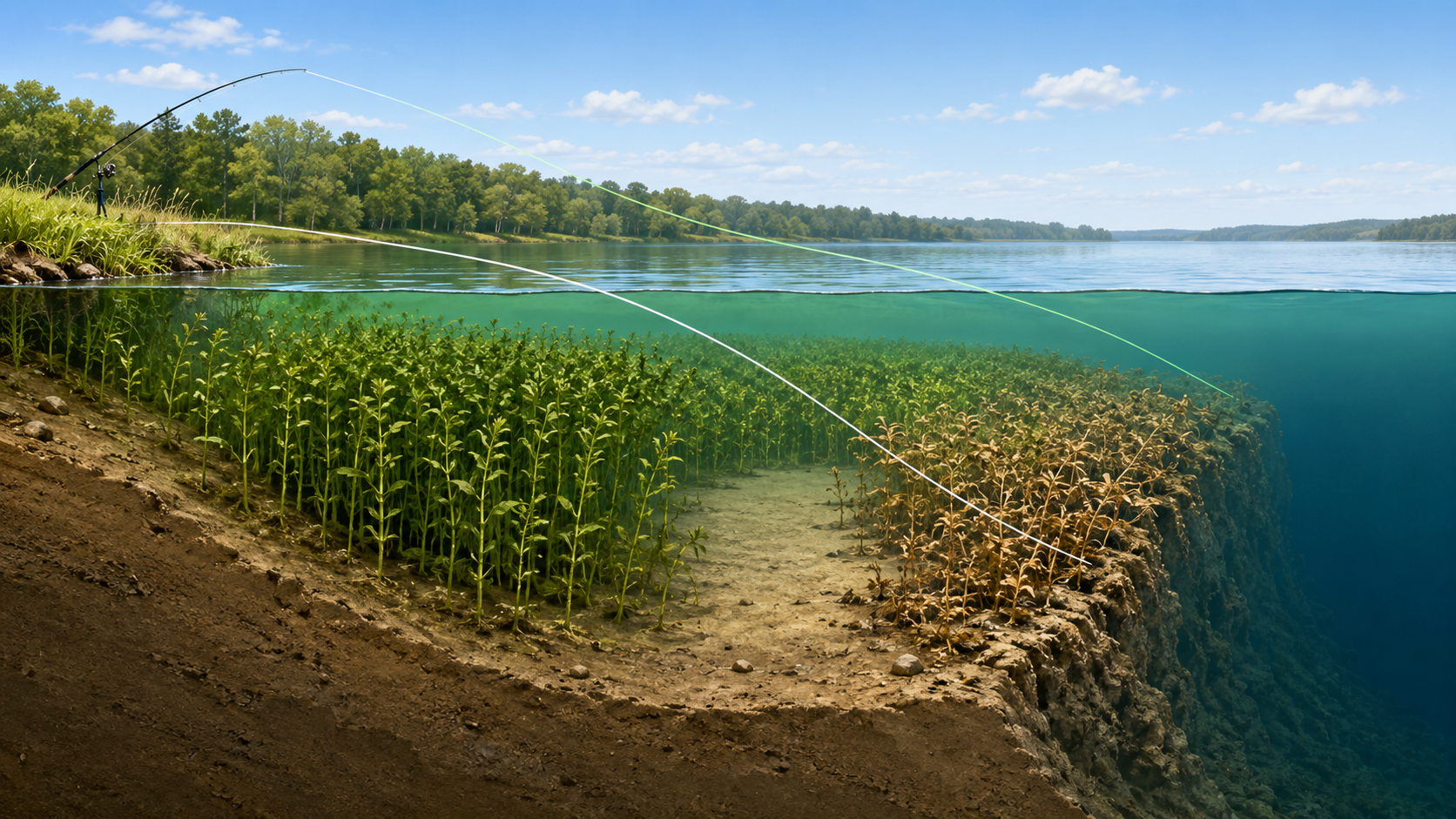 Shoreline cutaway showing healthy weeds, a clean opening, brown vegetation, and the first drop-off
