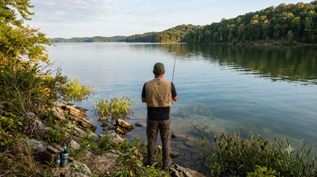 a bank angler making a diagonal cast across calm nearshore water - EVERY LAKE GUIDE Kentucky bank angler making diagonal casts to locate the first underwater drop-off without sonar