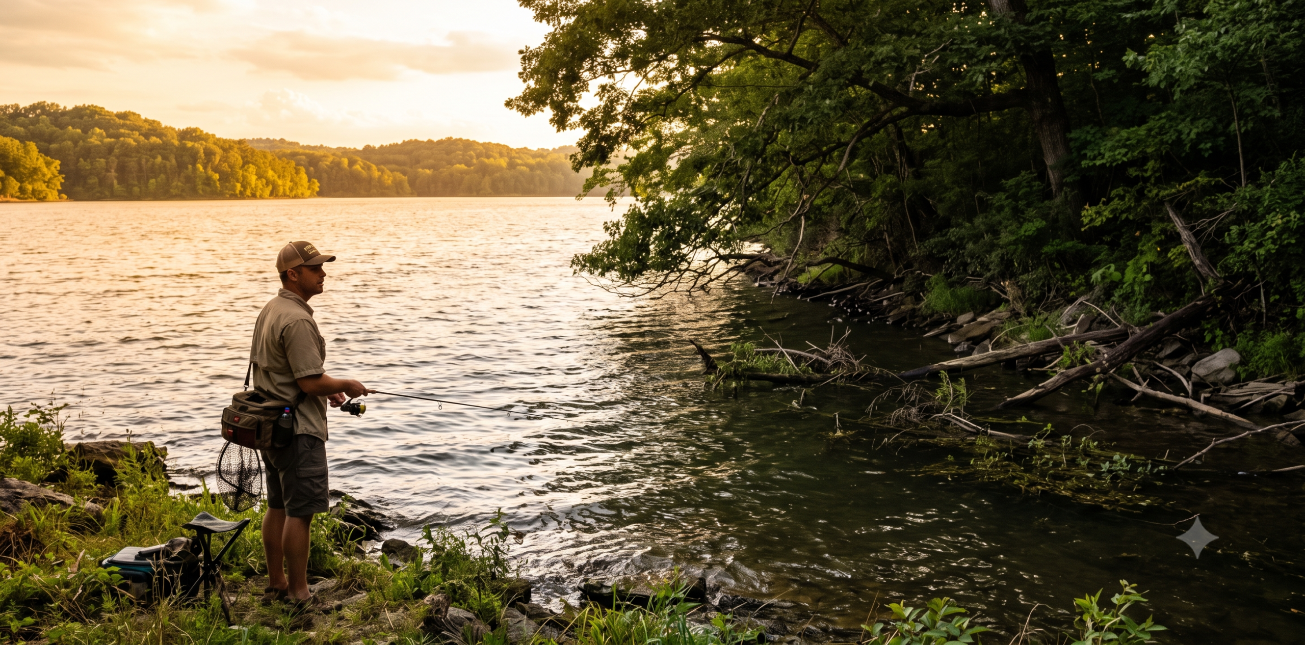 bank angler studying a shaded windblown shoreline on a small Kentucky lake during a hot summer evening - EVERY LAKE GUIDE Bank angler searching for cooler water along a shaded, windblown Kentucky lake shoreline