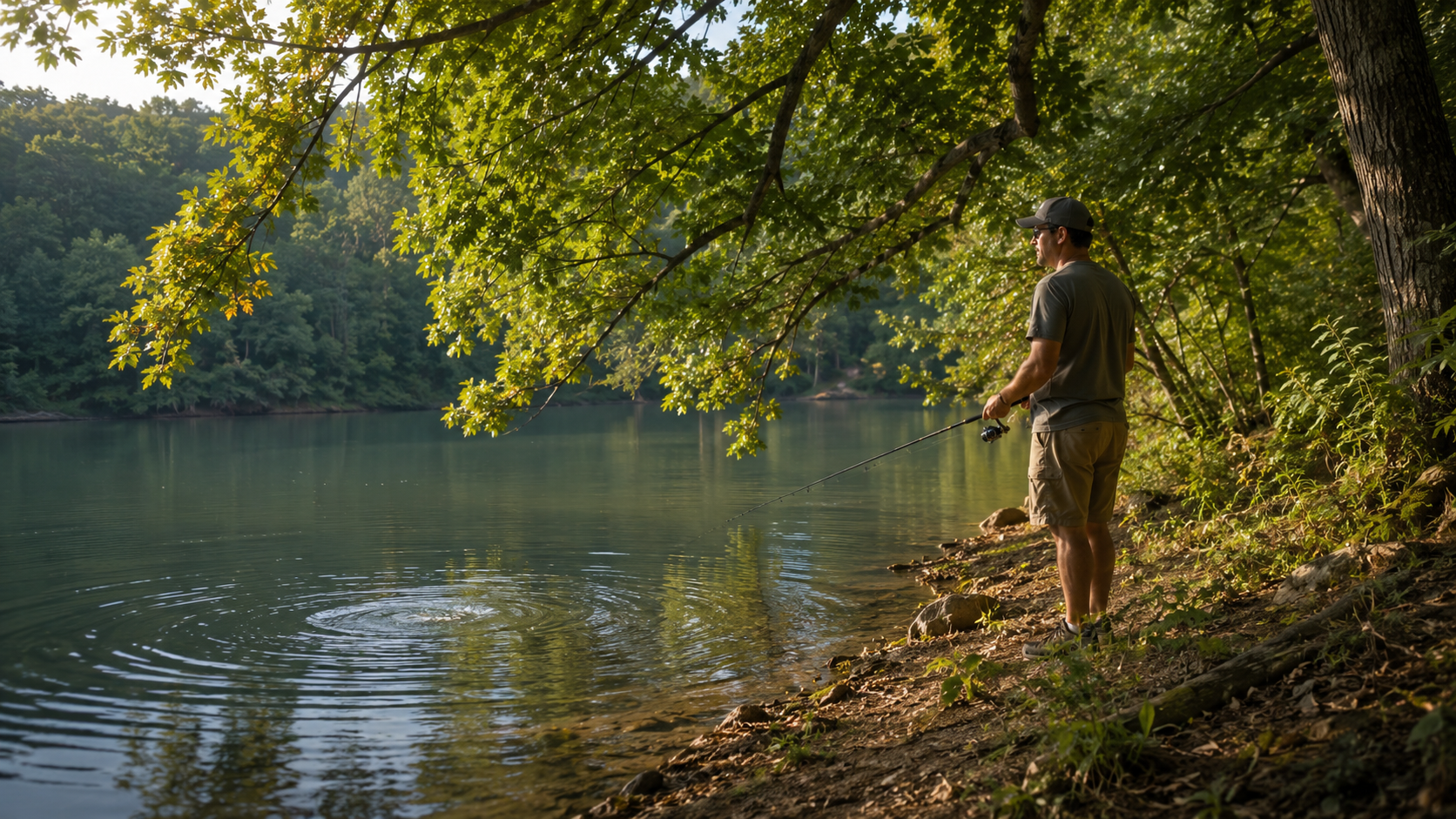 Kentucky bank angler watching shaded water beneath cicada-filled shoreline trees before casting