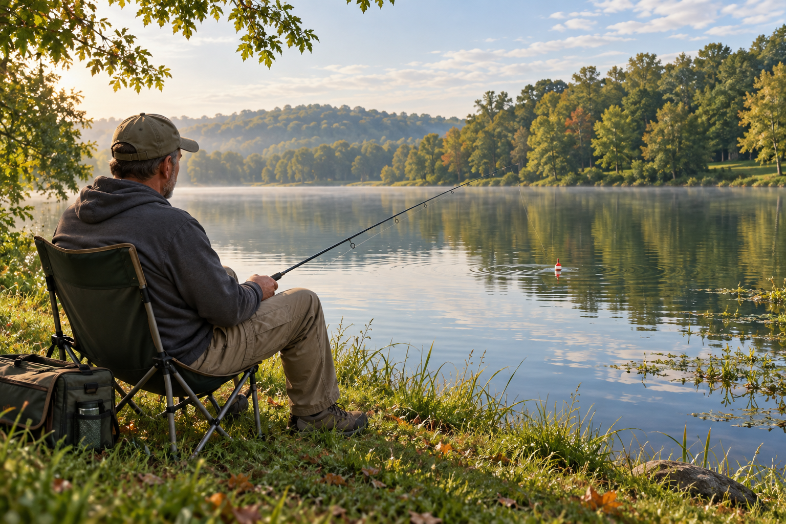 A bank fisherman watches a red-and-white bobber beside a tree-lined lake.