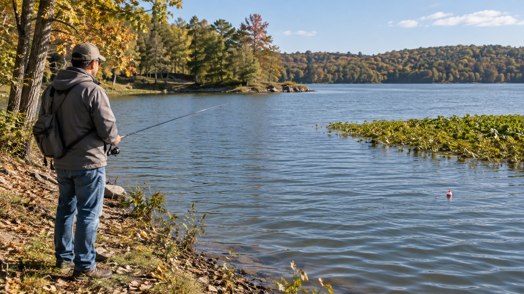 Bank angler watching a bobber drift across an autumn lake while fishing from shore