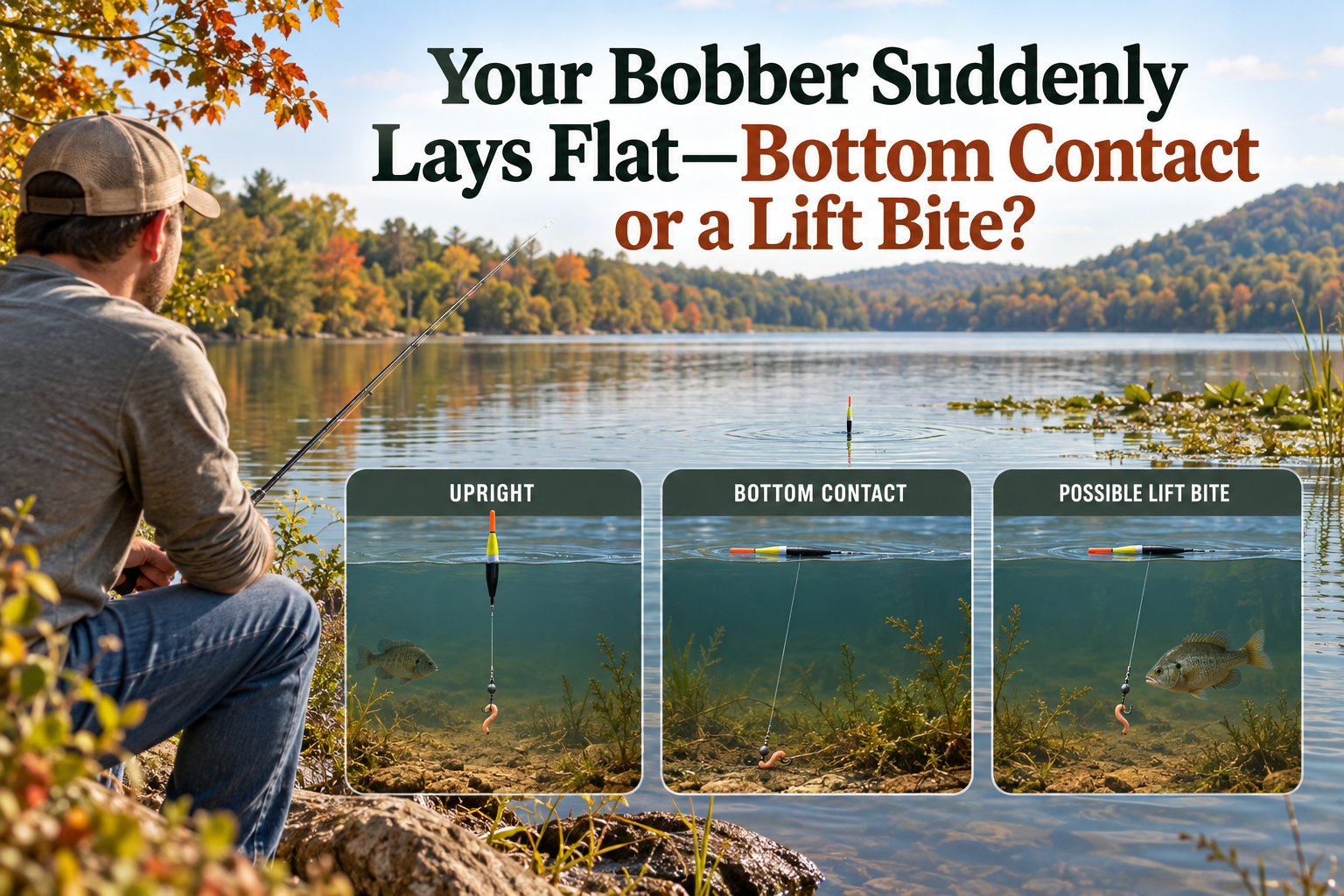 Kentucky-bank-angler-watching-a-pencil-bobber-lie-flat-1-1 - EVERY LAKE GUIDE Kentucky bank angler watching a pencil bobber lie flat while fishing from shore