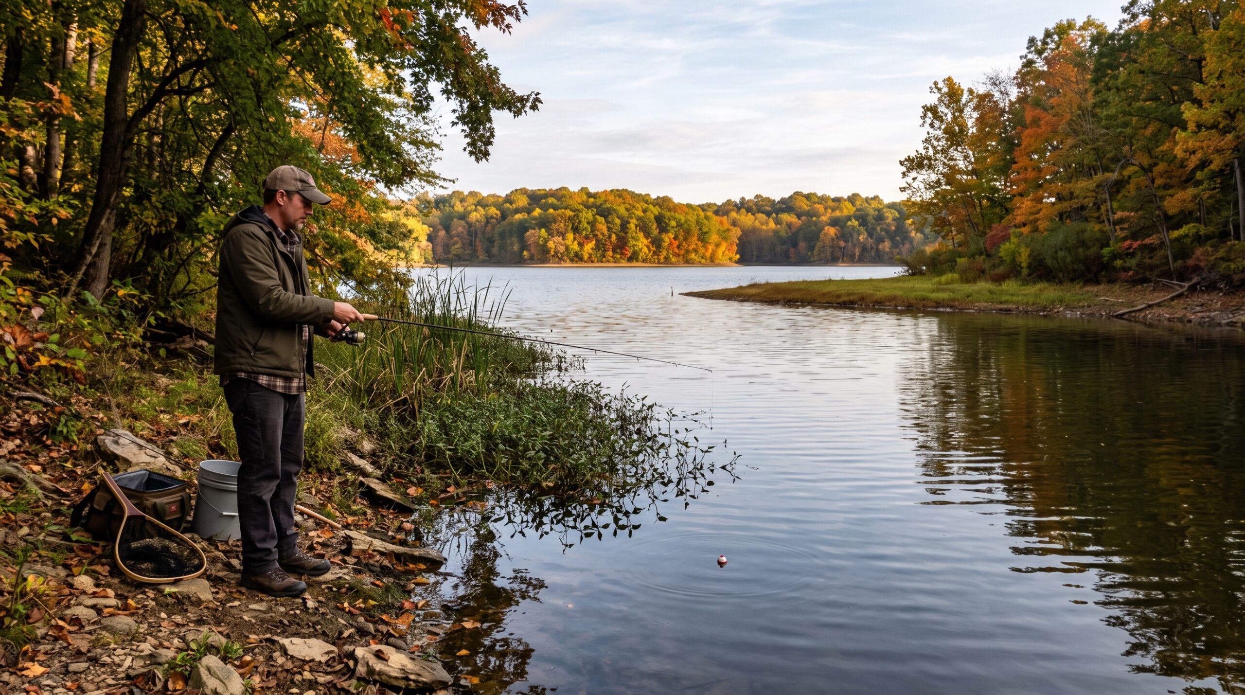 Bank angler fishing a bobber beside a shaded weed edge on an autumn lake