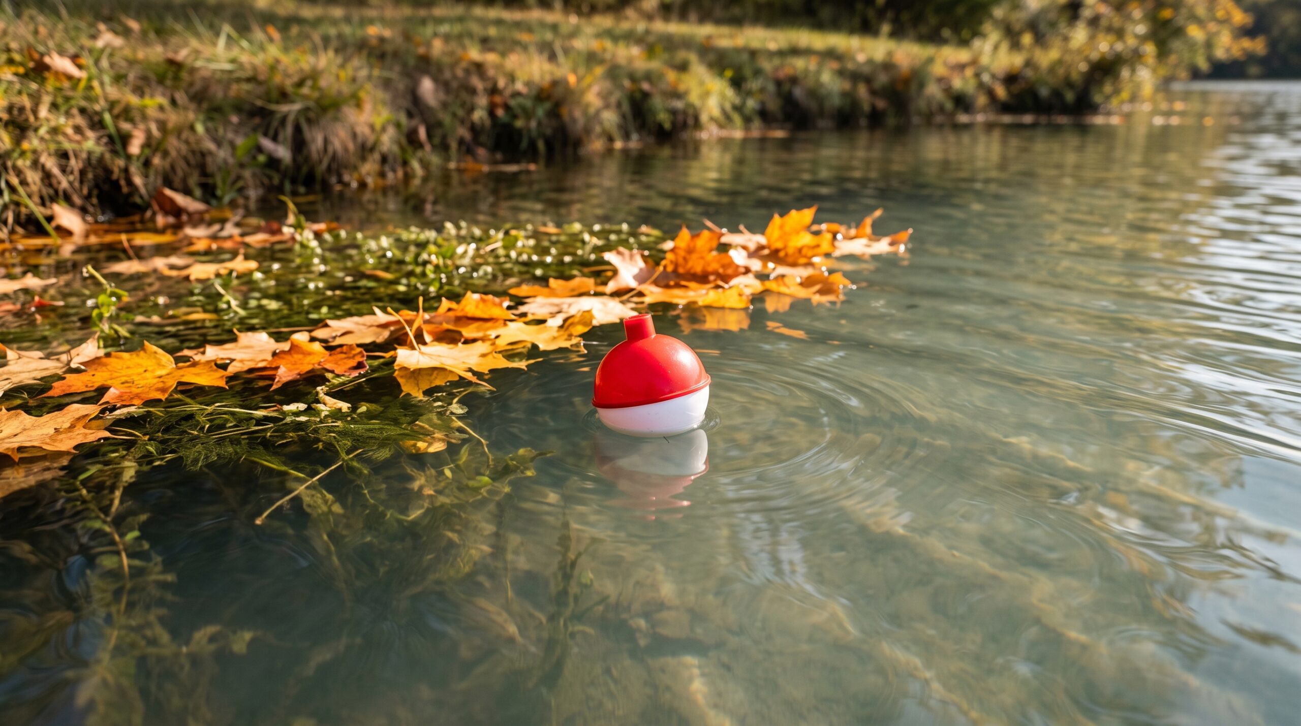 Red-and-white bobber floating upright in clear water along the outside seam of floating autumn maple leaves and a submerged weed edge near a Kentucky lake bank.