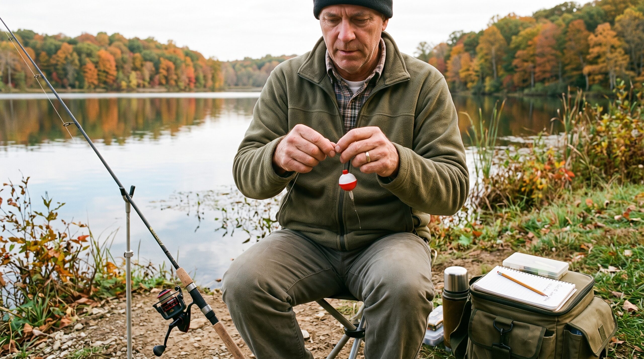 Angler adjusting a red-and-white bobber beside an autumn lake, with a notebook on a tackle bag.