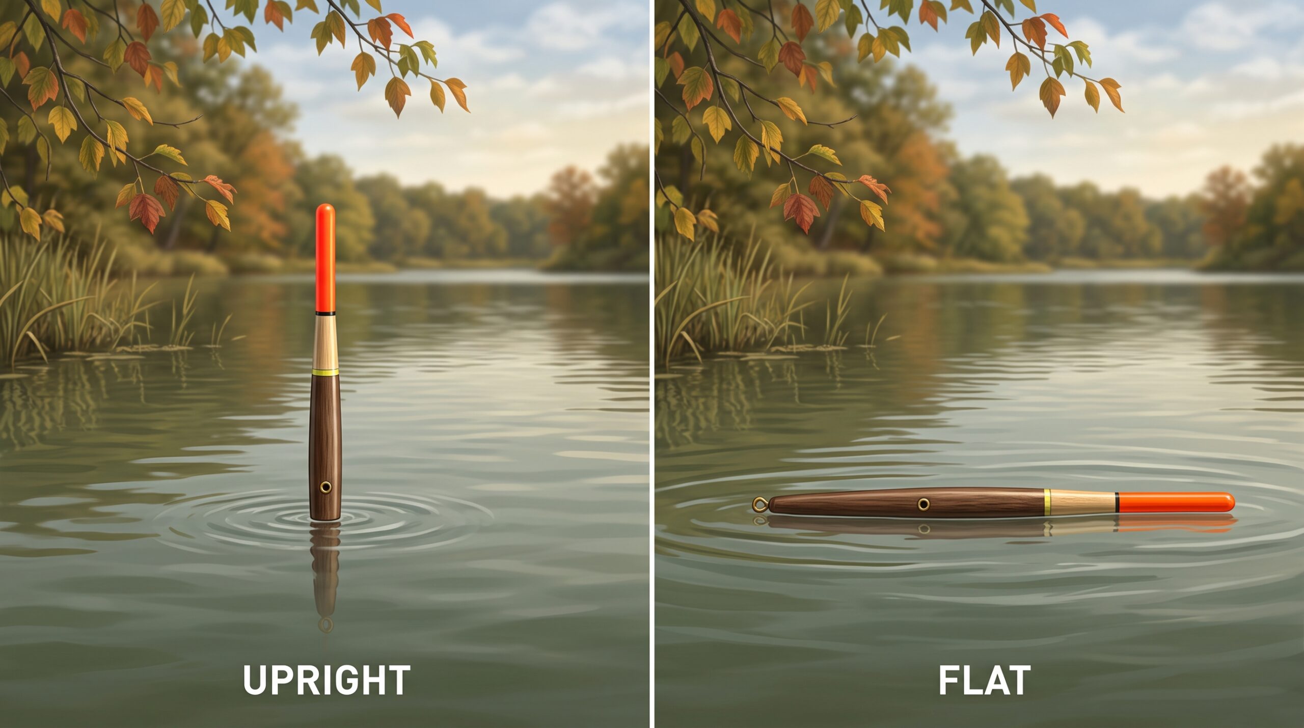 Side-by-side illustration of an orange-tipped fishing float upright and lying flat on an autumn lake.